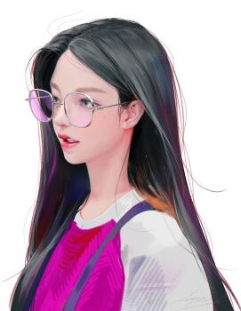 Rule 34 | 1girl, absurdres, asian, bilingual commentary, black hair, commentary, english commentary, eyelashes, from side, glasses, grey eyes, haerin (newjeans), highres, korean commentary, lizchief, long hair, mixed-language commentary, newjeans, open mouth, pink shirt, raglan sleeves, real life, realistic, red lips, round eyewear, shirt, simple background, solo, straight hair, upper body, very long hair, white background, white sleeves