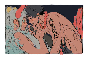 1boy 1girl aqua_hair arm_tattoo bare_arms bare_shoulders bead_necklace beads belt black_hair black_pants black_shorts blush bottle box boy_on_top breasts clothing_cutout earrings english_text freckles furrowed_brow hair_ornament hakama holding holding_bottle hoop_earrings horns japanese_clothes jewelry leaning_back leaning_forward long_hair looking_at_another lowered_eyelids necklace nyan_2020 one_piece pants ponytail portgas_d._ace red_horns short_hair shorts sidelocks sketch sleeveless smile sweatdrop tattoo topless_male white_hair yamato_(one_piece) yellow_pupils