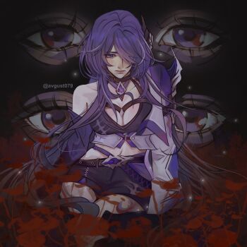1girl acheron_(honkai:_star_rail) belt buckle choker crop_top extra_eyes flower hair_ornament hair_over_one_eye hashtag-only_commentary highres honkai:_star_rail honkai_(series) jacket long_hair midriff_peek miko.png open_clothes open_jacket purple_eyes red_flower shorts single_bare_shoulder solo very_long_hair white_streaks zipper