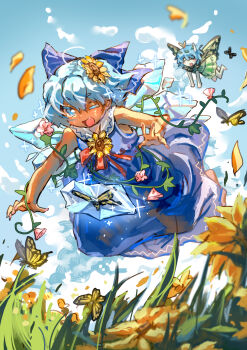 Rule 34 | 2girls, :d, absurdres, bare shoulders, blue bow, blue dress, blue eyes, blue hair, blue sky, bow, bug, butterfly, butterfly wings, cirno, cirno day, closed eyes, cloud, commentary request, dress, eternity larva, fairy, fang, floating, flower, highres, ice, ice wings, insect, insect wings, medium hair, multiple girls, one eye closed, open mouth, shouxishao jiuyuan, sky, sleeveless, sleeveless dress, smile, tan, tanned cirno, touhou, wings, yellow dress