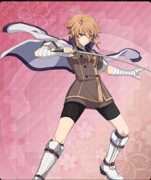 Rule 34 | 1girl, asymmetrical sidelocks, bandaged arm, bandages, bike shorts, black shorts, boots, breasts, brown jacket, buttons, closed mouth, double-breasted, feet out of frame, fighting stance, floral background, game cg, grey jacket, holding, holding sword, holding weapon, jacket, jacket on shoulders, katana, knee boots, looking at viewer, medium breasts, official art, orange eyes, orange hair, origami family's elite guard uniform, outstretched arm, pink background, red pupils, serious, shidou maki (toji no miko), shin guards, short hair, shorts, sidelocks, solo, spiked hair, sword, third-party source, toji no miko, toji no miko: kizamishi issen no tomoshibi, weapon, white boots