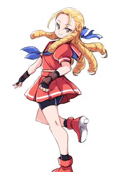 Rule 34 | 1girl, bike shorts, bike shorts under skirt, blonde hair, blue ribbon, braid, capcom, female focus, fingerless gloves, gloves, highres, ikaringo (ikaringo4444), kanzuki karin, looking at viewer, red skirt, ribbon, skirt, smile, solo, street fighter, street fighter zero (series), white background, yellow eyes