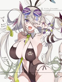 1girl 4392hirasakai animal_ear_hairband animal_ears arm_belt black_one-piece_swimsuit detached_collar donkey_ears eyewear_on_head fake_animal_ears fate/grand_order fate_(series) green_necktie grey_hair hair_ribbon hair_rings hairband highleg highleg_one-piece_swimsuit highres huyan_zhuo_(fate) huyan_zhuo_(swimsuit_berserker)_(fate) long_bangs long_necktie low_twintails navel necktie novelty_glasses one-piece_swimsuit one_eye_closed open_mouth plunging_neckline purple-tinted_eyewear ribbon smile solo sunglasses sweat swimsuit tinted_eyewear twintails v