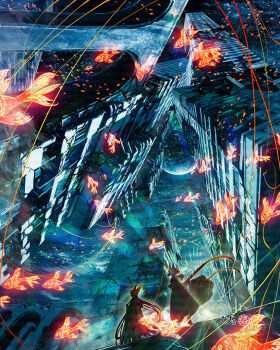 Rule 34 | abandoned, ambiguous gender, broken window, building, cityscape, cloud, commentary, dilapidated, factory, fantasy, fish, flying, flying animal, flying fish, glowing, glowing fish, goldfish, nyanyakitisiro, original, post-apocalypse, rubble, ruins, scenery, silhouette, wreckage