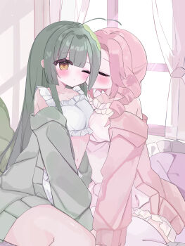 Rule 34 | 2girls, absurdres, blush, cardigan, commentary request, curtains, green cardigan, green hair, highres, indoors, kiss, kissing cheek, koto n8, long hair, multiple girls, navel, one eye closed, pink cardigan, pink hair, shikoku metan, shirt, touhoku zunko, utau, voicevox, white shirt, window, yellow eyes, yuri