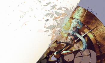 1girl black_skirt blue_eyes blue_hair boots broken clock detached_sleeves floating hatsune_miku highres lonelysound long_hair looking_to_the_side lying photo_(object) picture_frame scenery skirt thigh_boots thighhighs time twintails very_long_hair vocaloid