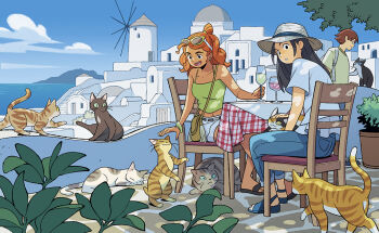 :d black_hair blue_shorts blue_sky bracelet brown_hair building calico_(pattern) calico_cat cat chair commentary_request cup day drinking_glass earrings eyewear_on_head freckles greece green_tank_top gurihiru jewelry long_hair looking_back looking_to_the_side multiple_boys multiple_girls navel on_chair open_mouth orange_hair original outdoors real_world_location santorini_(greece) short_hair shorts sitting sky smile stud_earrings sunglasses tabby_cat table tan tank_top water wine_glass
