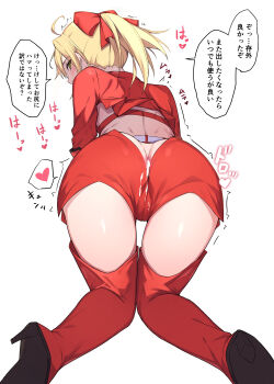 1girl absurdres ass blonde_hair blush bow commentary_request cropped_jacket fate/grand_order fate_(series) green_eyes hair_bow highres jacket long_hair natu_zame nero_claudius_(fate) ponytail race_queen red_jacket red_shorts red_thighhighs short_sleeves shorts sidelocks thighhighs