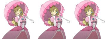 1girl :d :o angry blonde_hair blue_eyes breasts brooch clenched_hand clenched_teeth closed_eyes crown crying dress earrings elbow_gloves eyelashes fire_emblem fire_emblem_fates frilled_dress frills gloves hands_up highres holding holding_umbrella jewelry lips lithety long_hair looking_to_the_side mario_(series) medium_breasts multiple_views nintendo nostrils official_style open_mouth over_shoulder parasol parted_lips pink_dress pink_lips pink_umbrella princess_peach puffy_short_sleeves puffy_sleeves shade short_sleeves simple_background smile super_mario_bros._1 tears teeth umbrella v-shaped_eyebrows white_background white_gloves