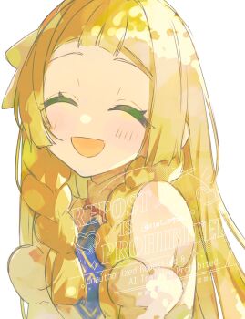 Rule 34 | 1girl, bare shoulders, blonde hair, blush, braid, closed eyes, dress, facing viewer, highres, lillie (anniversary 2024) (pokemon), lillie (pokemon), long hair, nintendo, official alternate costume, open mouth, pokemon, pokemon masters ex, simple background, sleeveless, sleeveless dress, smile, solo, sumeragi1101, twin braids, upper body, white dress