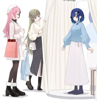 3girls absurdres alternate_costume bag beret black_shoes black_skirt black_socks blue_eyes blue_hair blue_shirt bokuhakiyoshi braid brown_hair coat curtains earrings front_slit full_body fur-trimmed_coat fur-trimmed_shoes fur_trim gradient_hair green_hair hair_flaps hair_ornament hairpin half_up_braid hanabusa_lisa handbag hat highres jewelry long_sleeves medium_hair mirror multicolored_hair multiple_girls necklace open_mouth pantyhose paper_bag parted_bangs pink_hair pleated_skirt profile puffy_long_sleeves puffy_sleeves shirt shirt_tucked_in shoes skirt socks split-color_hair tachibana_hinano trying_on_clothes tsumugi_kokage turtleneck two-tone_hair virtual_youtuber vspo! white_skirt