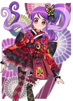 1girl animal_print asymmetrical_legwear black_pantyhose border butterfly_hair_ornament butterfly_print closed_mouth commentary_request crescent edamame_(buruburu) feet_out_of_frame floating_hair floral_background frilled_kimono frilled_thigh_strap frills frown hair_ornament highres japanese_clothes junon_(pripara) kimono long_hair long_sleeves looking_at_viewer mismatched_legwear multicolored_hair outside_border pantyhose pretty_series pripara purple_hair red_eyes red_kimono sash short_kimono side_ponytail sidelocks solo standing streaked_hair thigh_strap white_border wide_sleeves