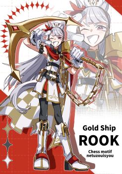 Rule 34 | 1girl, ahozur dayo, alternate costume, anchor, animal ears, boots, bow, chess piece, dress, ear bow, full body, gloves, gold ship (umamusume), grey hair, highres, holding, holding anchor, holding weapon, horse ears, horse girl, horse tail, light blush, long hair, looking at viewer, one eye closed, open mouth, purple eyes, rook (chess), short sleeves, solo, square print, tail, two-tone background, umamusume, v, v-shaped eyebrows, weapon, white boots, white dress, white gloves