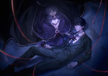 Rule 34 | 1boy, 1girl, absurdres, black cape, black gloves, black hair, black pants, black suit, cape, capelet, collared shirt, commentary request, covered eyes, dress, fate/stay night, fate (series), formal clothes, gloves, highres, holding hands, kuzuki souichirou, long hair, lying, medea (caster) (fate), medea (fate), necktie, pants, purple capelet, purple dress, purple hair, qianlilingjiang, shirt, short hair, sitting, suit, white shirt