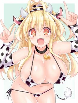 animal_ears bare_shoulders blonde_hair bra breasts cleavage collar cow cow_ears cow_tail cowbell fang highres horns kami_jigen_game_neptune_v kazuneko_(wktk1024) large_breasts little_fang long_hair neptune_(series) open_mouth panties pish ponytail power_symbol-shaped_pupils skindentation solo symbol-shaped_pupils tail thighs underwear yellow_eyes yellow_heart_(neptunia)
