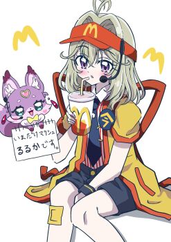 1girl antenna_hair blush commentary_request cosplay drink drinking drinking_straw employee_uniform fast_food_uniform grey_hair hat headset highres holding holding_drink imadake_dabuchi_tabemi imadake_dabuchi_tabemi_(cosplay) long_hair looking_at_viewer mashu-tan mcdonald's meitantei_precure! moria_luluka necktie open_mouth p51p_mustang precure purple_eyes red_visor_cap shirt shorts smile striped_clothes striped_shirt twintails vertical-striped_clothes vertical-striped_shirt visor_cap white_shirt yellow_happi