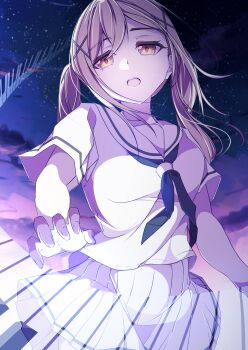 1girl absurdres bang_dream! blue_neckerchief breasts brown_hair commentary hair_ornament hanasakigawa_school_uniform highres ichigaya_arisa long_hair looking_at_viewer medium_breasts neckerchief open_mouth orange_eyes pleated_skirt ryo_yanakasa sailor_collar school_uniform serafuku shirt skirt sky solo star_(sky) starry_sky teeth twintails upper_teeth_only white_sailor_collar white_serafuku white_shirt white_skirt x_hair_ornament