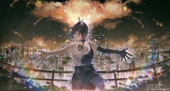 1girl aci_drawx aerial_fireworks apron black_apron black_choker black_gloves black_shoes blush bomb_devil_(chainsaw_man) building chainsaw_man choker city_lights cityscape clenched_hand collared_shirt commentary_request cowboy_shot dated elbow_gloves email_address facing_viewer fireworks gloves green_eyes grin hair_between_eyes highres leather_shorts lens_flare looking_at_viewer night night_sky outdoors outstretched_arms outstretched_hand parted_lips partial_transformation purple_hair reze_(chainsaw_man) shirt shirt_tucked_in shoes signature sky sleeveless sleeveless_shirt smile solo spread_arms transformation twitter_username watermark white_shirt wing_collar