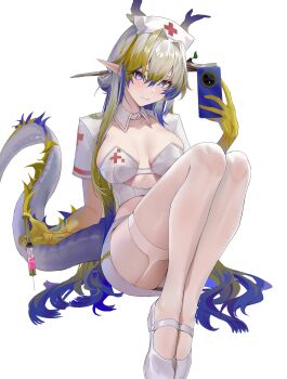 0dd 1girl absurdres alternate_breast_size_(larger) arknights blonde_hair blue_eyes blue_hair blush breasts cellphone cleavage colored_skin detached_collar dragon_girl dragon_horns dragon_tail eyeshadow garter_straps gradient_hair grey_hair hair_ornament hair_stick hat highres holding holding_phone holding_syringe horns makeup medium_breasts multicolored_hair nurse nurse_cap panties phone pointy_ears red_eyeshadow revealing_clothes shoes short_sleeves shu_(arknights) simple_background sitting skirt smartphone smile solo syringe tail thighhighs underwear upskirt white_background white_panties white_shoes white_skirt white_thighhighs yellow_skin