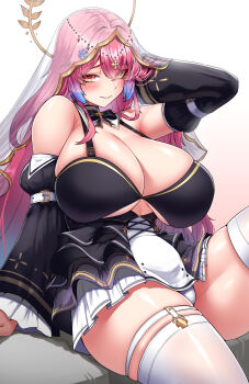 1girl absurdres arm_belt arm_support arm_up belt black_bow black_bowtie black_dress blue_hair blush bow bowtie breasts cho!cho! cleavage commentary criss-cross_strings cross curvy detached_sleeves dress english_commentary frilled_sleeves frills gluteal_fold gold gold_halo gold_trim gradient_hair hair_between_eyes hair_ornament halo hand_in_own_hair headpiece highres huge_breasts indie_virtual_youtuber layered_dress long_sleeves looking_at_viewer multicolored_hair nun orange_eyes panties parted_lips pink_hair puffy_detached_sleeves puffy_sleeves rosetta_(vtuber) see-through_clothes see-through_veil short_dress simple_background sitting skindentation smile solo strap thigh_strap thighhighs thighs underboob underwear veil virtual_youtuber white_background white_belt white_panties white_thighhighs wide_sleeves