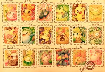 >_< beedrill bewear bouquet budew chikorita closed_mouth commentary_request corsola finneon flower gen_1_pokemon gen_2_pokemon gen_3_pokemon gen_4_pokemon gen_6_pokemon gen_7_pokemon goomy hair_flower hair_ornament happiny head_wreath hibiscus highres holding holding_bouquet magnemite mimikyu murkrow nintendo pikachu pink_flower pokemon pokemon_(creature) postage_stamp sandygast skiploom smile snover swirlix torchic traditional_media translation_request watercolor_pencil_(medium) wobbuffet yukichi_0611