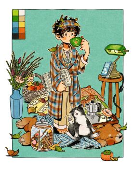 1girl barefoot basket black_hair blush_stickers border brown_pants cat commentary cup curly_hair desk_lamp drinking eye_mask flower full_body highres holding holding_cup holding_newspaper kettle lamp leaf leaf_on_head long_sleeves mask mug newspaper o_ku_da_ma original pants plaid_robe robe short_hair solo standing vase white_border