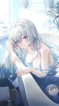 1girl absurdres aqua_hair bath bathing bathroom blurry blurry_background breasts character_doll cleavage commentary doll firefly_(honkai:_star_rail) grey_hair hair_between_eyes highres honkai:_star_rail honkai_(series) indoors long_hair looking_at_viewer medium_breasts multicolored_eyes multicolored_hair parted_lips solo stelle_(honkai:_star_rail) swkl:d trailblazer_(honkai:_star_rail) water