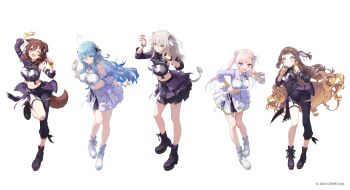 Rule 34 | 5girls, ;), absurdres, ahoge, airani iofifteen, animal ear piercing, animal ears, anya melfissa, arm up, black pants, black skirt, blonde hair, blue hair, blunt bangs, boots, brown hair, claw pose, collared shirt, commentary request, copyright notice, cropped shirt, curly hair, detached sleeves, dog ears, dog tail, double-parted bangs, elf, full body, gradient hair, grey eyes, grey hair, grin, hair between eyes, hair ribbon, hand up, hands up, heart, heart ahoge, highres, hololive, hololive idol uniform (color rise), hololive indonesia, idol, idol clothes, inugami korone, lace-up boots, lion ears, lion girl, lion tail, long hair, looking at viewer, matsuo shogo, messy hair, midriff, multicolored hair, multiple girls, official alternate costume, official art, one eye closed, pants, pink hair, platform boots, pointy ears, puffy detached sleeves, puffy short sleeves, puffy sleeves, purple eyes, ribbon, shirt, shishiro botan, short sleeves, side ponytail, simple background, single detached sleeve, single sidelock, single sleeve, skirt, smile, streaked hair, swept bangs, tail, two side up, virtual youtuber, white background, white skirt, yukihana lamy