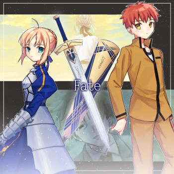 Rule 34 | 1boy, 1girl, absurdres, ahoge, armor, armored dress, artoria pendragon (fate), avalon (fate), blonde hair, blue bow, bow, braid, breastplate, brown eyes, brown pants, brown shirt, bun with braided base, commentary request, dress, dun dudu, emiya shirou, excalibur (fate/stay night), fate/stay night, fate (series), gauntlets, green eyes, hair bow, hair bun, highres, long sleeves, orange hair, pants, saber (fate), shirt, sidelocks, sword, weapon