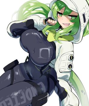 1girl arknights arknights:_endfield black_gloves bodystocking breasts fingerless_gloves fluorite_(arknights) gloves green_eyes green_hair highres hood hood_up hooded_shrug invisible_chair large_breasts long_hair looking_at_viewer open_mouth shrug_(clothing) simple_background sitting solo vinsycal white_background white_shrug
