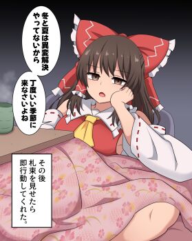 1girl ascot bow brown_eyes brown_hair commentary_request cup detached_sleeves frilled_bow frilled_hair_tubes frills hair_bow hair_tubes hakurei_reimu highres kotatsu long_hair open_mouth red_bow ribbon-trimmed_sleeves ribbon_trim solo speech_bubble steam suwaneko table touhou translation_request under_kotatsu under_table yellow_ascot yunomi
