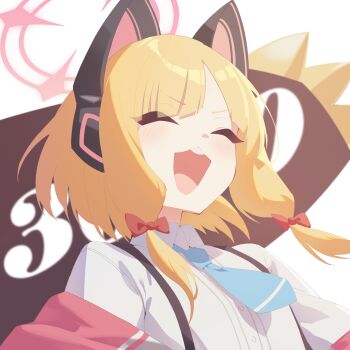 Rule 34 | 1girl, :3, animal ear headphones, animal ears, blonde hair, blue archive, blue necktie, blush, bow, cat ear headphones, cat ears, close-up, closed eyes, collared shirt, commentary request, fake animal ears, hair bow, halo, headphones, highres, jacket, kukuzero neko, momoi (blue archive), necktie, open clothes, open jacket, open mouth, red bow, red halo, red jacket, shirt, short hair with long locks, short necktie, sidelocks, solo, suspenders, teeth, upper body, upper teeth only, white shirt