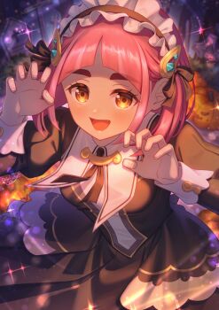 1girl :d arched_bangs black_dress bow claw_pose commentary_request dress eyelashes hair_bow hair_ornament hairclip hands_up happy headdress lacey_(fall_2025)_(pokemon) lacey_(pokemon) long_sleeves nintendo official_alternate_costume open_mouth pink_hair pokemon pokemon_masters_ex signature smile solo sparkle wakame1441 yellow_bow