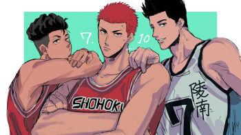 3boys a_nzi_end basketball_uniform black_hair border closed_mouth commentary_request crossed_arms highres looking_at_viewer male_focus miyagi_ryouta multiple_boys parted_lips red_hair rukawa_kaede sakuragi_hanamichi short_hair slam_dunk_(series) sportswear undercut upper_body white_border