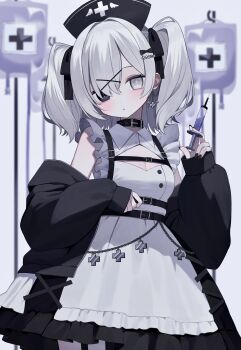 Rule 34 | 1girl, :o, absurdres, belt, belt collar, black belt, black collar, black eyes, black hat, black nails, black ribbon, blush, breasts, cleavage cutout, clothing cutout, collar, commentary, cowboy shot, cross-shaped pupils, detached sleeves, dot nose, dress, frilled dress, frills, grey eyes, grey hair, hair between eyes, hair ornament, hair ribbon, hat, heterochromia, highres, holding, holding syringe, intravenous drip, iv stand, looking at viewer, medium breasts, nail polish, nurse cap, open mouth, original, ribbon, short twintails, solo, squallea, symbol-only commentary, symbol-shaped pupils, syringe, twintails, white background
