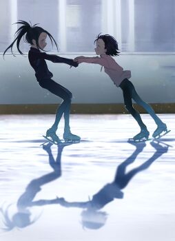 2girls from_side full_body hokaze_(lx7i9frrkegzi1g) ice_skates ice_skating jacket kamisaki_hikaru looking_at_another medalist_(manga) multiple_girls on_ice pink_jacket pulling reflection skates skating skating_rink yuitsuka_inori