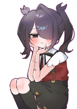 1girl :3 ame-chan_(needy_girl_overdose) babumi_roriko black_eyes black_hair black_socks blush diagonal_bangs hair_over_one_eye hand_on_own_face highres knees_up looking_at_viewer multiple_scars neck_ribbon needy_girl_overdose red_shirt ribbon scar scar_on_arm self-harm shirt short_twintails sidelocks sitting skirt socks solo suspender_skirt suspenders twintails winged_sleeves wrist_cutting