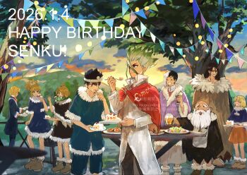 1other 3girls 6+boys alcohol asagiri_gen beard beer black_hair blonde_hair brothers brown_hair cake capelet chrome_(dr._stone) coat commentary_request cup dated dr._stone dress e=mc2_(equation) eating facial_hair food francois_(dr._stone) fur_trim green_hair happy_birthday highres holding holding_plate ishigami_senkuu juice kaseki_(dr._stone) kohaku_(dr._stone) koshixishi multicolored_hair multiple_boys multiple_girls mustache open_mouth orange_skirt outdoors plate shishiou_tsukasa short_hair siblings skirt smile spiked_hair string_of_flags suika_(dr.stone) table tree white_hair