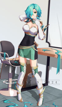 Rule 34 | 1girl, ahrara, alternate hairstyle, aqua hair, armor, bow, braid, breasts, chloe (fire emblem), commentary, commission, cutting hair, english commentary, fire emblem, fire emblem engage, gloves, green eyes, highres, large breasts, nintendo, orange bow, shoulder armor, side braid, solo, white gloves