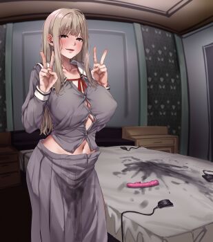 1girl absurdres aftersex ankle_cuffs bed blonde_hair blush breasts button_gap covered_erect_nipples cuffs double_v dress_shirt dressing harukawa_syuria_(jack_dempa) heart heart-shaped_pupils highres impossible_clothes impossible_shirt jack_dempa large_breasts long_hair long_skirt looking_at_viewer love_hotel navel open_mouth original pleated_skirt pussy_juice_stain red_ribbon ribbon sailor_collar school_uniform sex_toy shirt sidelocks skirt solo sweat symbol-shaped_pupils taut_clothes taut_shirt v vibrator