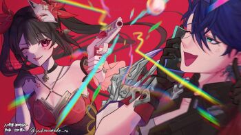 1boy 1girl bare_shoulders bell black_choker black_gloves black_hair blue_hair breasts choker commentary_request criss-cross_halter dress fox_mask gloves gun halterneck highres holding holding_gun holding_weapon honkai:_star_rail honkai_(series) long_hair mask mask_on_head mole one_eye_closed phone red_background red_dress sampo_koski smile sparkle_(honkai:_star_rail) tongue tongue_out twintails upper_body weapon yukinoarale_re
