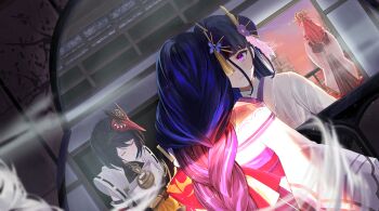 Rule 34 | 4girls, absurdres, back, back bow, black hair, blurry, blurry background, bow, closed eyes, closed mouth, commentary, dawn, depth of field, different reflection, flower, from behind, genshin impact, hair ornament, headpiece, highres, indoors, japanese clothes, kimono, kujou sara, makoto (genshin impact), mask, mask on head, mirror, multiple girls, off shoulder, phenomenal, pink hair, purple eyes, purple hair, purple kimono, raiden shogun, red mask, red sash, reflection, reflection focus, sash, siblings, sisters, sitting, solo focus, spoilers, standing, twins, upper body, wisteria, yae miko