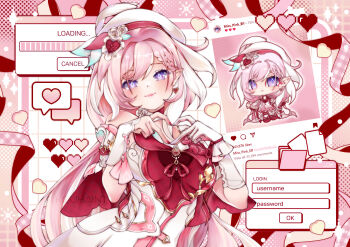 1girl beret breasts chibi commentary diamond-shaped_pupils diamond_(shape) dress earrings elf elysia_(hi_love_elf)_(honkai_impact) elysia_(honkai_impact) english_commentary english_text four-finger_heart_hands gloves hat heart heart_earrings heart_hands highres honkai_(series) honkai_impact_3rd jewelry kouhaint large_breasts long_hair looking_at_viewer multicolored_hair pink_hair pointy_ears purple_eyes red_dress single_glove smile solo symbol-shaped_pupils two-tone_dress two-tone_hair very_long_hair white_dress white_gloves white_hair