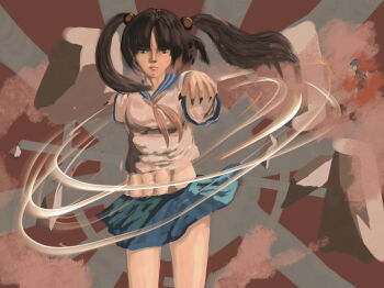 1girl abs asian black_hair black_nails blue_sailor_collar blue_skirt breasts brown_eyes command_&amp;_conquer command_&amp;_conquer:_red_alert command_&amp;_conquer:_red_alert_3 fingernails floating floating_hair floating_object hair_tie japanese_flag long_fingernails looking_at_viewer medium_breasts midriff neckerchief red_neckerchief sailor_collar school_uniform sharp_fingernails shirt skirt straight-on telekinesis thighs toned toned_female twintails upper_body white_shirt wind wind_lift yemiaoye1997 yuriko_omega