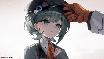 Rule 34 | 1girl, 1other, absurdres, adjusting clothes, adjusting headwear, black hat, blazer, collared shirt, copyright name, copyright notice, furrowed brow, gloves, green eyes, green hair, grey jacket, group leader (xinyue tongxing), hand on headwear, hat, highres, jacket, logo, looking to the side, neck ribbon, official art, official wallpaper, orange gloves, orange ribbon, qingxing (xinyue tongxing), ribbon, safety pin, shirt, short hair, solo focus, tearing up, upper body, white background, white shirt, xinyue tongxing