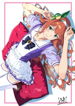 1girl animal_ears black_bow blue_eyes blush bow brown_shoes closed_mouth ear_covers hairband hashtag-only_commentary highres horse_ears horse_girl kibidango_14-gou long_hair looking_at_viewer lying on_back orange_hair pleated_skirt purple_shirt sailor_collar school_uniform shirt shoes short_hair silence_suzuka_(umamusume) skirt smile solo thighhighs tracen_school_uniform umamusume white_hairband white_sailor_collar white_skirt white_sleeves white_thighhighs zettai_ryouiki