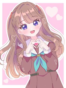 Rule 34 | 1girl, :d, aqua neckerchief, border, brown dress, brown hair, commentary request, dress, four-finger heart hands, fujishima megumi, harusame soup (har s k), hasu no sora school uniform, heart, heart hands, heart in heart hands, highres, link! like! love live!, long hair, long sleeves, looking at viewer, love live!, neckerchief, open mouth, outline, outside border, pink background, pleated dress, purple eyes, sailor collar, sailor dress, school uniform, simple background, smile, solo, teeth, two side up, upper teeth only, virtual youtuber, white border, white outline, white sailor collar, winter uniform