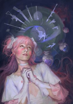 2girls absurdres akemi_homura akemi_homura_(magical_girl) black_hair black_pantyhose bow choker gloves gun hair_ribbon highres kaname_madoka kaname_madoka_(magical_girl) katsuvy kyubey long_hair magical_girl mahou_shoujo_madoka_magica mahou_shoujo_madoka_magica_(anime) multiple_girls pantyhose pink_hair polearm procreate_(medium) puffy_sleeves realistic realistic_teeth ribbon rocket_launcher rpg_(weapon) short_twintails shotgun signature skirt soul_gem spear sword twintails weapon white_choker white_gloves white_ribbon yellow_eyes