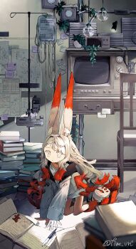 1girl absurdres all_fours animal_ear_fluff animal_ears artist_name blurry blurry_foreground book book_stack bookmark cable calendar_(object) chair clock colored_tips computer crab creature crt full_body gradient_hair grey_hair highres indoors intravenous_drip jacket lamp light_bulb long_hair long_sleeves looking_at_viewer map messy_room microwave miminoko_(vrchat) monitor multicolored_hair no_pupils note open_book origami paper pen photo_(object) picture_frame plant potted_plant rabbit_ears red_fur red_hair shirt signature sleeves_past_wrists solo sticky_note tail television timc_vrc twitter_username two-tone_hair very_long_hair vrchat white_eyes white_hair white_shirt wide_sleeves
