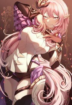 Rule 34 | 1girl, absurdres, black boots, black gloves, black shorts, blue eyes, boots, breasts, cleavage, clothing cutout, commentary, elf, elysia (honkai impact), elysia (miss pink elf) (honkai impact), english commentary, falling petals, floral background, gloves, hair between eyes, hair ornament, highres, honkai (series), honkai impact 3rd, large breasts, long hair, looking at viewer, petals, pink hair, pointy ears, pristinemori, shirt, short shorts, shorts, side cutout, single glove, smile, solo, thigh boots, thighs, very long hair, white shirt